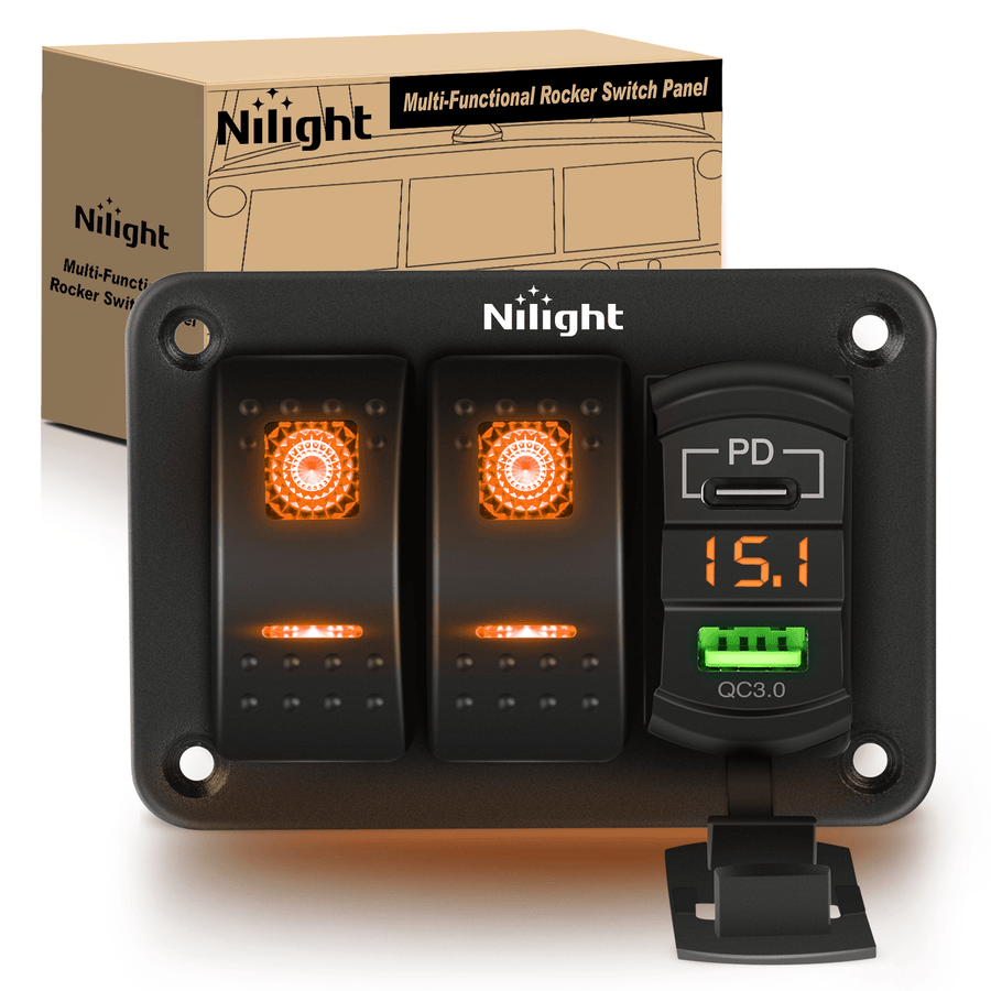 Nilight 2 Gang Switch Panel With QC3.0 & PD Charger And Voltmerter with Orange Backlit