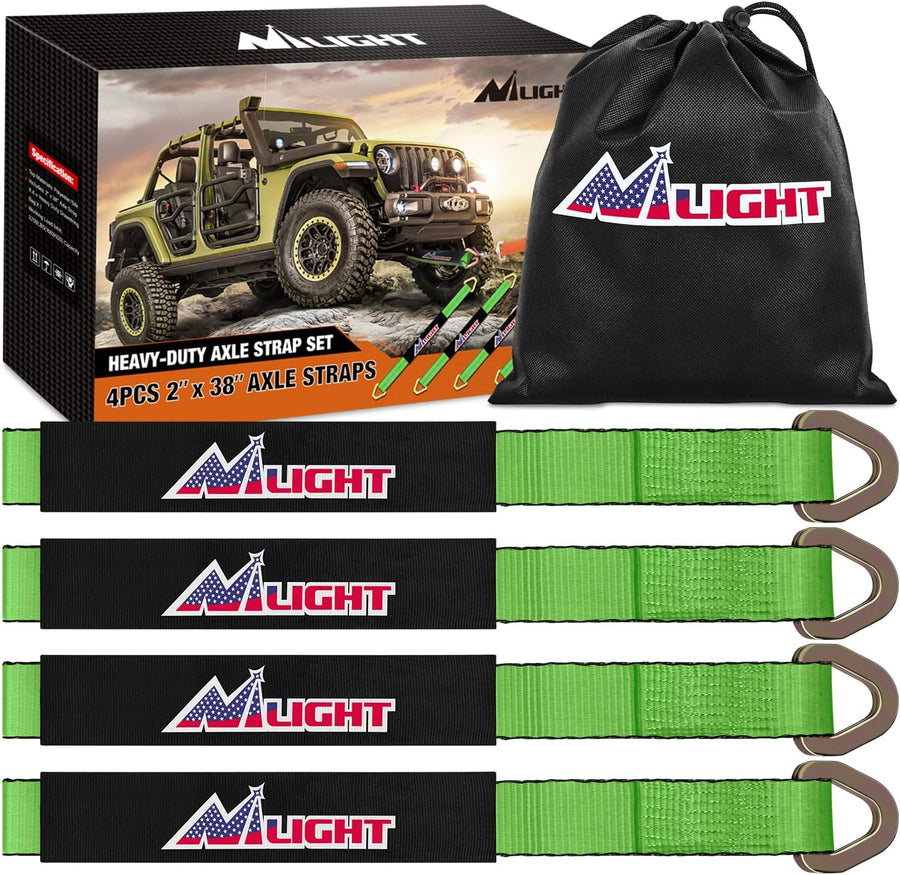 Nilight 2 Inch x 38 Inch Axle Tie Down Straps with D-Rings & Protective Sleeves | 11,127 LBS Break Strength for Car Haulers Engine Hoists Trucks Trailers and UTVs 4 Pack Green