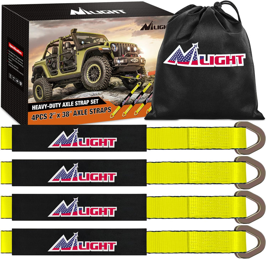 Nilight 2 Inch x 38 Inch Axle Tie Down Straps with D-Rings & Protective Sleeves | 11,127 LBS Break Strength for Car Haulers Engine Hoists Trucks Trailers and UTVs 4 Pack Yellow