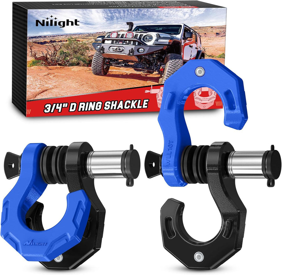Nilight 2 Pack 3/4 Inch D-Ring Separate Shackle 45,000 Lbs Break Strength | Includes 7/8 Inch Lock Pin, Isolators and Washers Off Road Recovery, for Tow Strap Winch Truck Vehicle Black&Blue