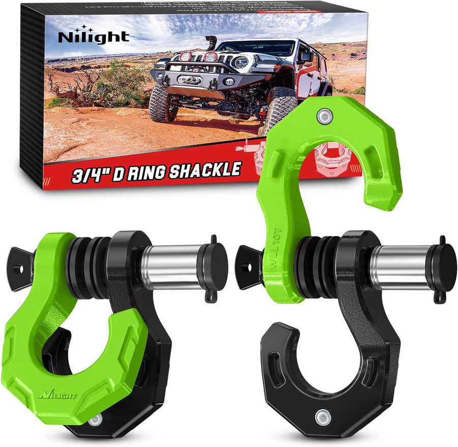 Nilight 2 Pack 3/4 Inch D-Ring Separate Shackle 45,000 Lbs Break Strength | Includes 7/8 Inch Lock Pin, Isolators and Washers Off Road Recovery, for Tow Strap Winch Truck Vehicle Black&Green