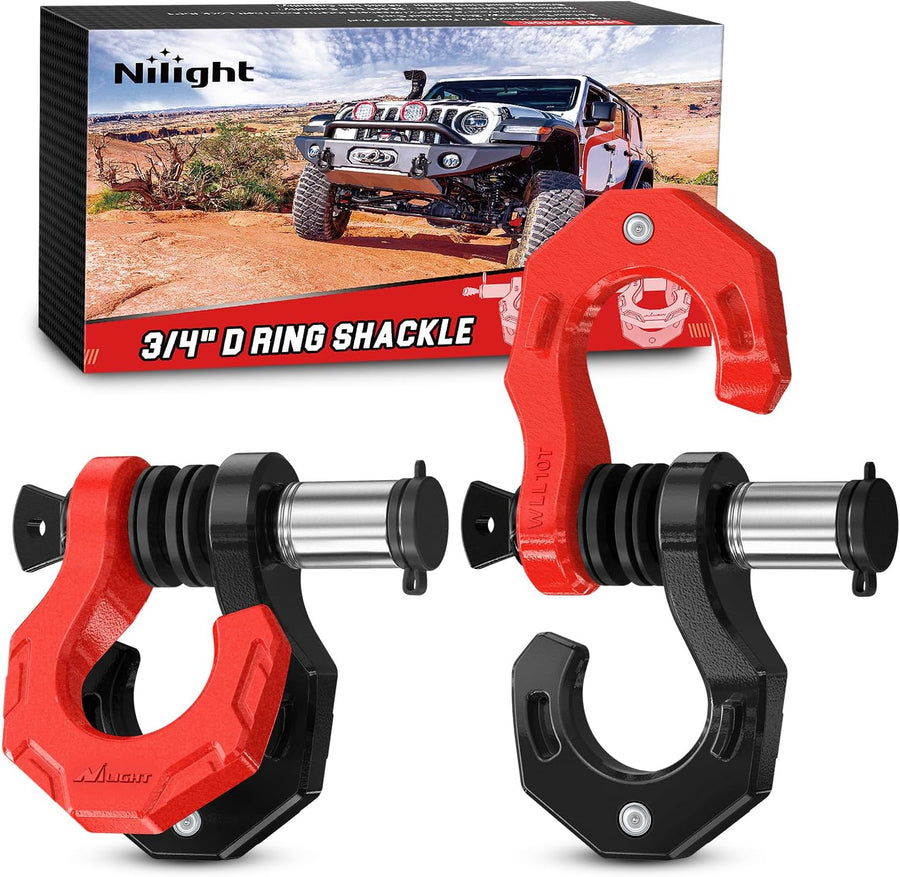 Nilight 2 Pack 3/4 Inch D-Ring Separate Shackle 45,000 Lbs Break Strength | Includes 7/8 Inch Lock Pin, Isolators and Washers Off Road Recovery, for Tow Strap Winch Truck Vehicle Black&Red