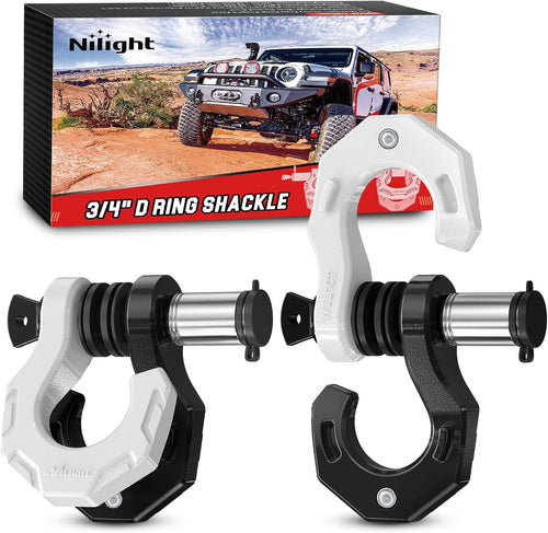 Nilight 2 Pack 3/4 Inch D-Ring Separate Shackle 45,000 Lbs Break Strength | Includes 7/8 Inch Lock Pin, Isolators and Washers Off Road Recovery, for Tow Strap Winch Truck Vehicle Black&White