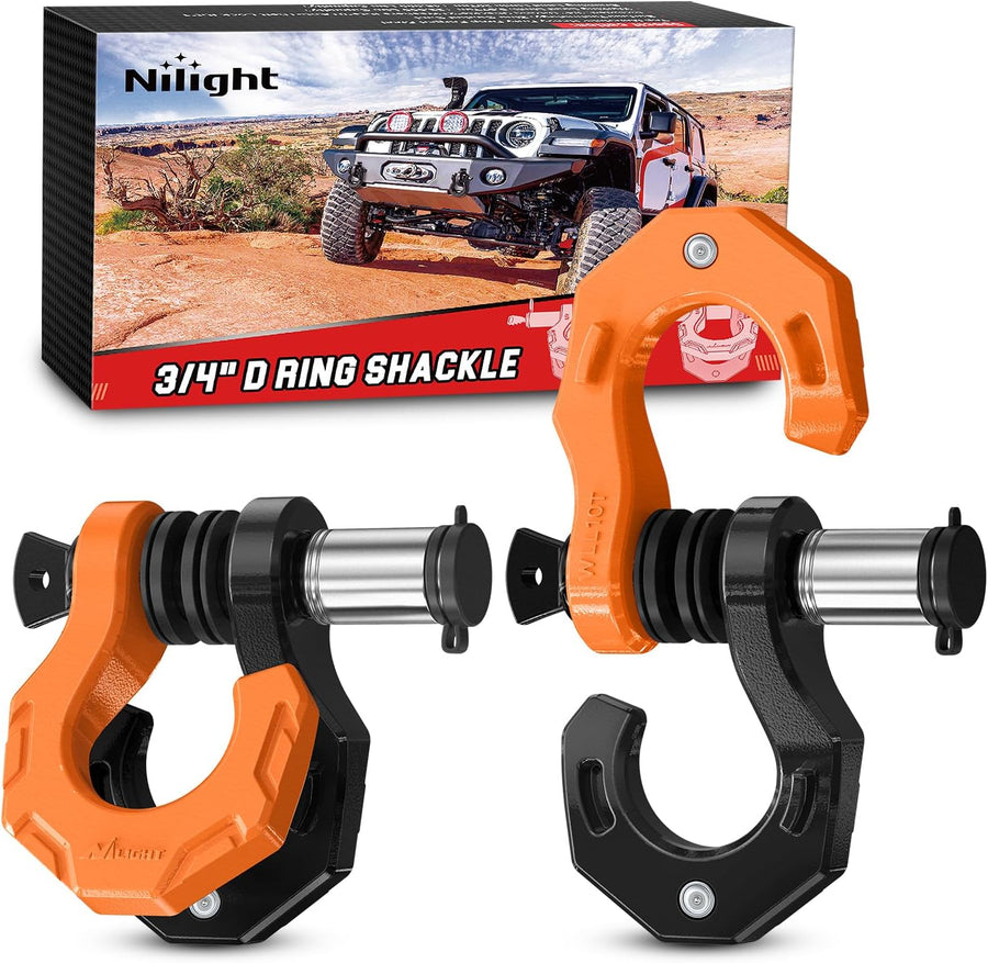 Nilight 2 Pack 3/4 Inch D-Ring Separate Shackle with 7/8 Inch Lock Pin 45,000 lbs Break Strength, Off Road Recovery Shackle with Isolators Washers for Use with Tow Strap, Winch, Truck Vehicle (Black&Orange)
