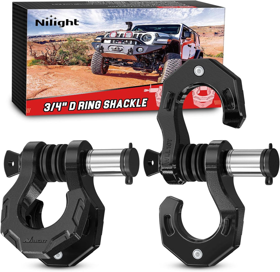 Nilight 2 Pack 3/4 Inch D-Ring Separate Shackle with 7/8 Inch Lock Pin 45,000 lbs Break Strength, Off Road Recovery Shackle with Isolators Washers for Use with Tow Strap, Winch, Truck Vehicle (Black)