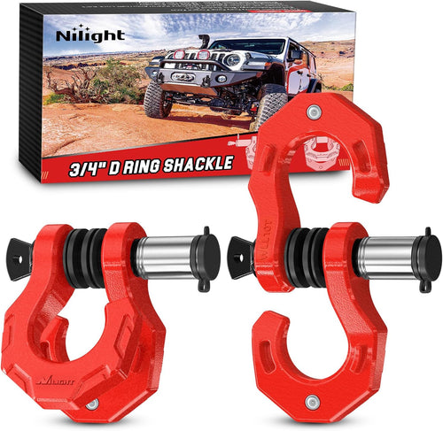 Nilight 2 Pack 3/4 Inch D-Ring Separate Shackle with 7/8 Inch Lock Pin 45,000 lbs Break Strength, Off Road Recovery Shackle with Isolators Washers for Use with Tow Strap, Winch, Truck Vehicle (Red)