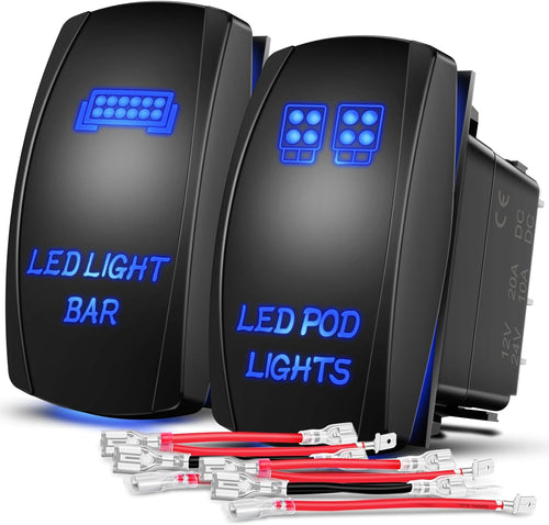 Nilight 2 Pack Led Pod Lights Rocker Switch Light Bar 5 Pin Laser On Off SPST Switches 20A/12V 10A/24V Blue with Jumper Wires Set for Cars Trucks RVs