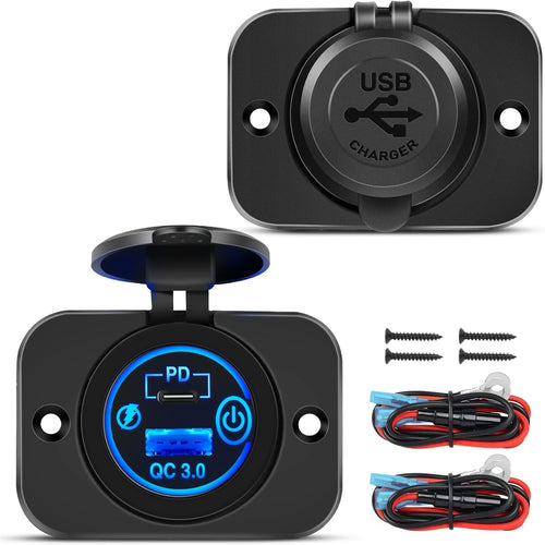 Nilight 2 Pack PD Type C and QC 3.0 USB Fast Outlet Panel with LED ON Off Touch Switch Fused Wire Kit for 12V 24V Cars Trucks RVs Motorcycles Buses Boats
