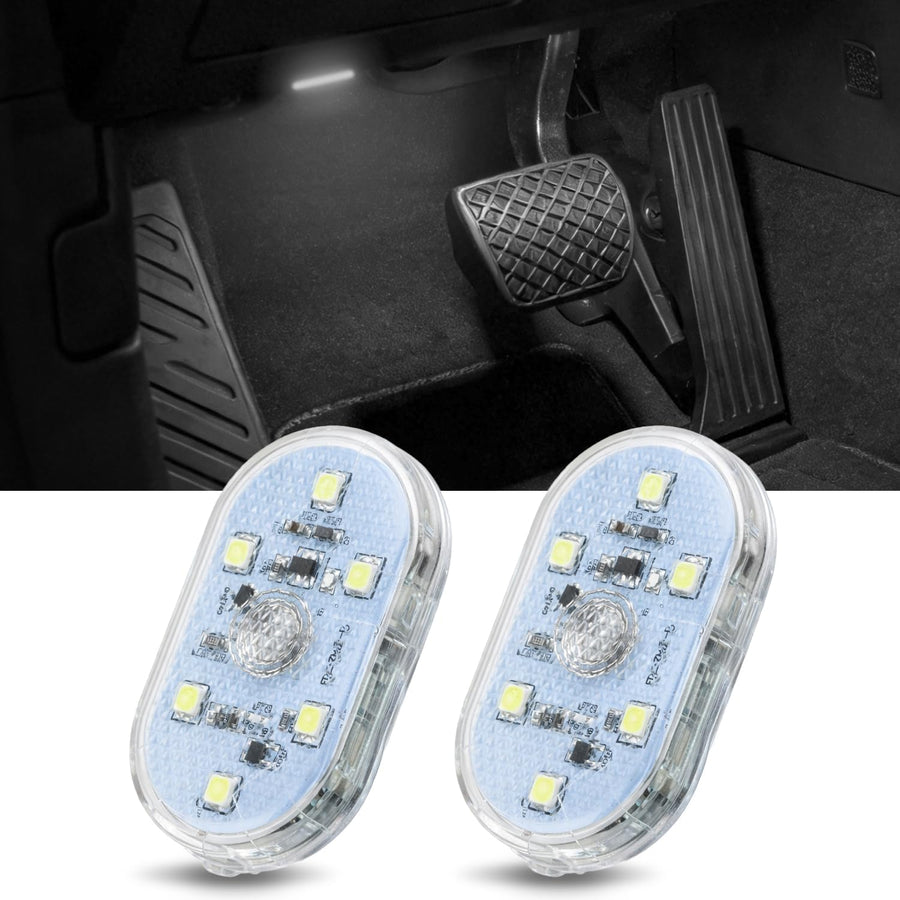 Nilight 2 PCS White Color Wireless Magnetic LED Interior Lights | USB Rechargeable Universal Mini Sticky Footwell Ambient Atmosphere Reading Lamp with Touch Sensor, Portable Night Lighting