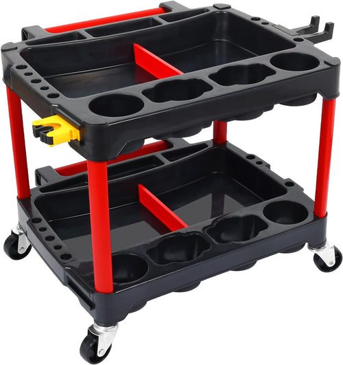 Nilight 2-Tier Car Detailing Cart with Polisher Brackets - Rolling Utility Plastic Cart with Organizer & Hooks - Heavy Duty Mobile Tool Station