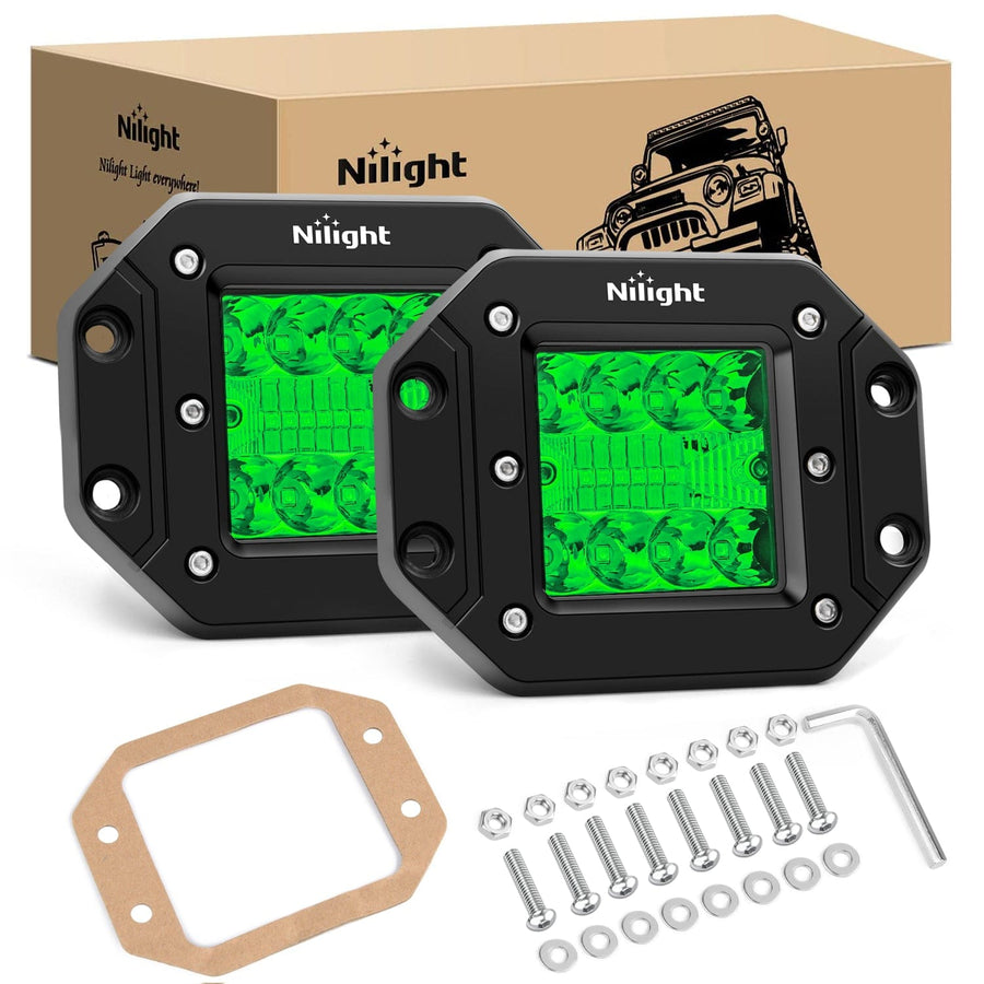 Nilight Flush Mount LED Light Pods 2 PCS 42 W Green Upgraded Spot Flood Combo Bumper Driving Fog Lights Fishing Hunting Emergency Safety Signal Light for UTV Pickup Van Boat Tractor
