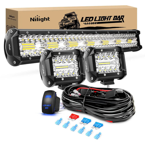 Nilight 20 Inch 420W Light Bar 2Pcs 4Inch 60W Led Pods with Wiring Harness Kit -3 Leads