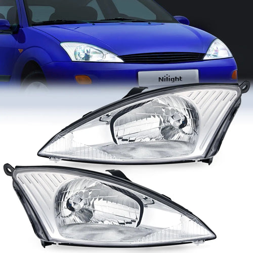 Nilight 2000 2001 2002 2003 2004 Ford Focus Headlight Assembly Chrome Housing Clear Reflector Upgraded Clear Lens