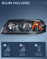 Nilight 2000 2001 2002 2003 2004 Chevy Impala Headlight Assembly Black Case Amber Reflector, view 2