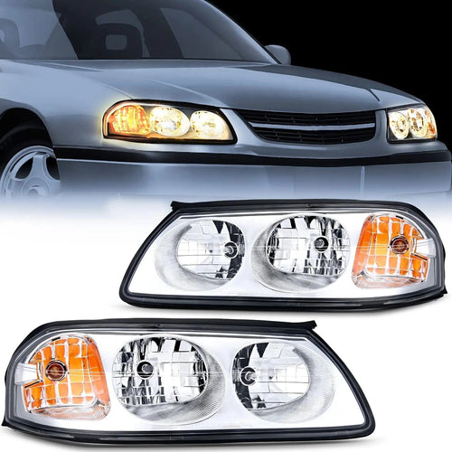 Nilight 2000 2001 2002 2003 2004 Chevy Impala Headlight Assembly Chrome Case Amber Reflector