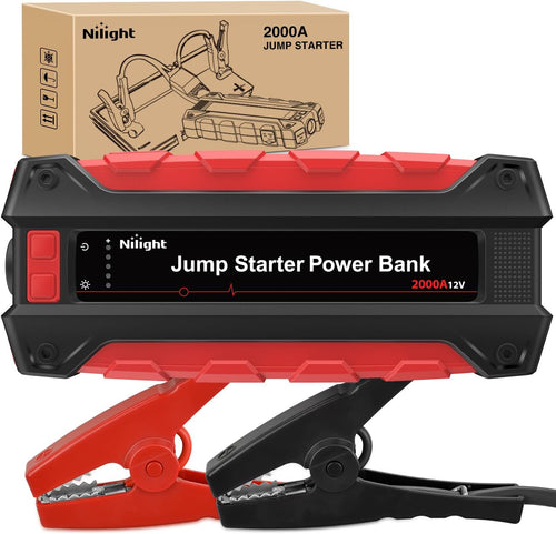 Nilight 2000A Car Battery Jump Starter for Up to 8.0L Gas & 7.0L Diesel Engines 12V Portable Jump Start Booster Pack Jump Box with Jumper Cables DC Output and LED Light