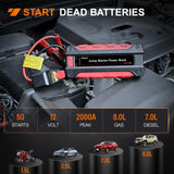 Nilight 2000A Car Battery Jump Starter for Up to 8.0L Gas & 7.0L Diesel Engines 12V Portable Jump Start Booster Pack Jump Box with Jumper Cables DC Output and LED Light, view 2
