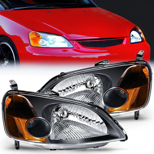 Nilight 2001 2002 2003 Honda Civic Headlight Assembly Black Case Amber Reflector Clear Lens