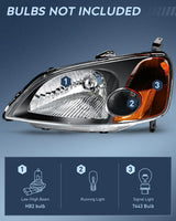 Nilight 2001 2002 2003 Honda Civic Headlight Assembly Black Case Amber Reflector Clear Lens, view 2
