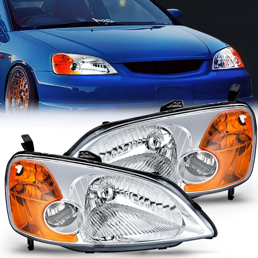 Nilight 2001 2002 2003 Honda Civic Headlight Assembly Chrome Case Amber Reflector Clear Lens