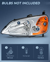 Nilight 2001 2002 2003 Honda Civic Headlight Assembly Chrome Case Amber Reflector Clear Lens, view 2