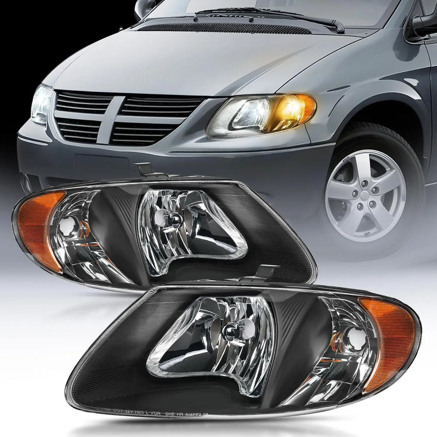Nilight 2001 2002 2003 2004 2005 2006 2007 Chrysler Town & Country 2001 2002 2003 Voyager 2001 2002 2003 2004 2005 2006 2007 Dodge Grand Caravan Headlight Assembly Black Case Amber Reflector