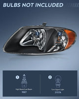 Nilight 2001 2002 2003 2004 2005 2006 2007 Chrysler Town & Country 2001 2002 2003 Voyager 2001 2002 2003 2004 2005 2006 2007 Dodge Grand Caravan Headlight Assembly Black Case Amber Reflector, view 2