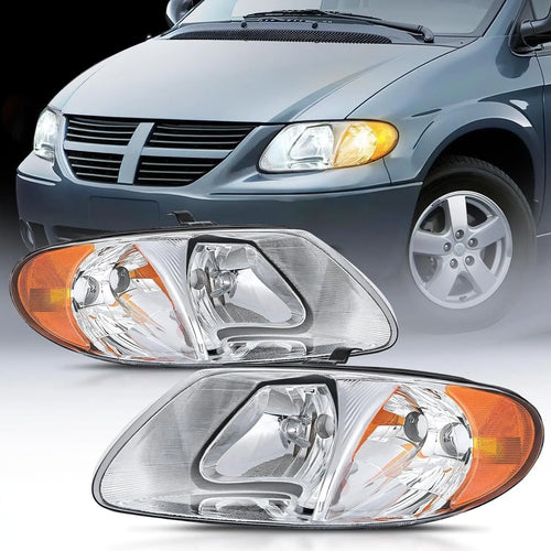 Nilight 2001 2002 2003 2004 2005 2006 2007 Chrysler Town & Country 2001 20002 2003 Voyager 2001 2002 2003 2004 2005 2006 2007 Dodge Grand Caravan Headlight Assembly Chrome Case Amber Reflector