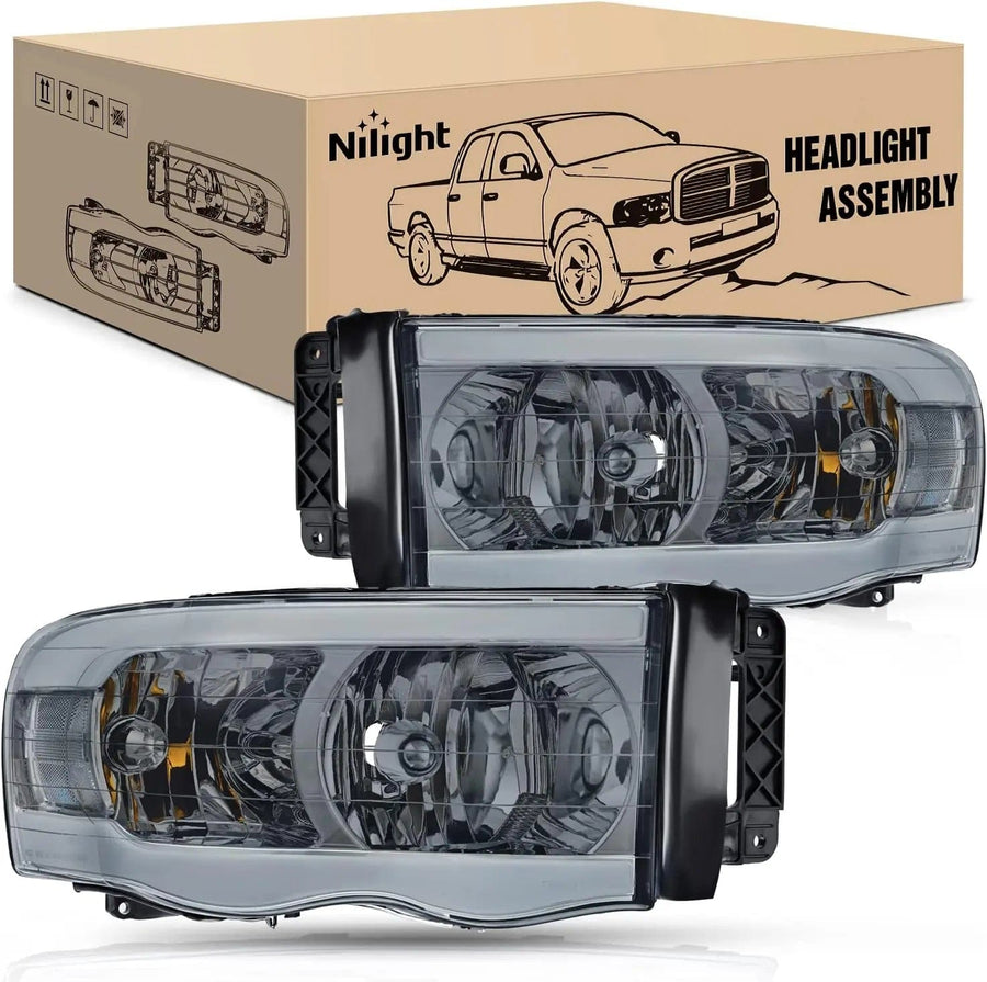 Nilight 2002 2003 2004 2005 Dodge Ram 1500 2003 2004 2005 Dodge Ram 2500 3500 Headlight Assembly Smoke Case Clear Reflector