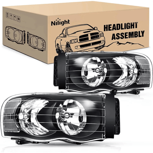 Nilight 2002 2003 2004 2005 Dodge Ram 1500 2500 3500 Headlight Assembly Black Case Clear Reflector