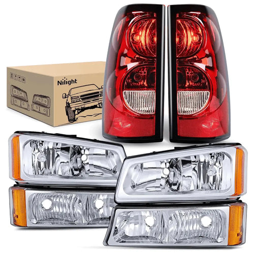 Nilight 2003 2004 2005 2006 Chevy Silverado 1500 1500HD 2500 2500HD 3500 2007 Chevy Silverado 1500 2500 3500 Classic OE Style Chrome Housing Amber Reflector Headlight Taillight Assembly