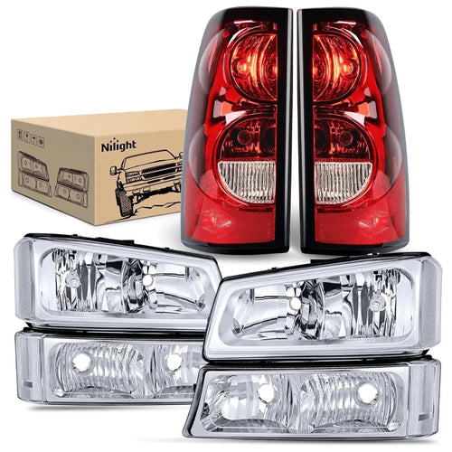 Nilight 2003 2004 2005 2006 Chevy Silverado 1500 1500HD 2500 2500HD 3500 2007 Chevy Silverado 1500 2500 3500 Classic OE Style Chrome Housing Clear Reflector Headlight Taillight Assembly