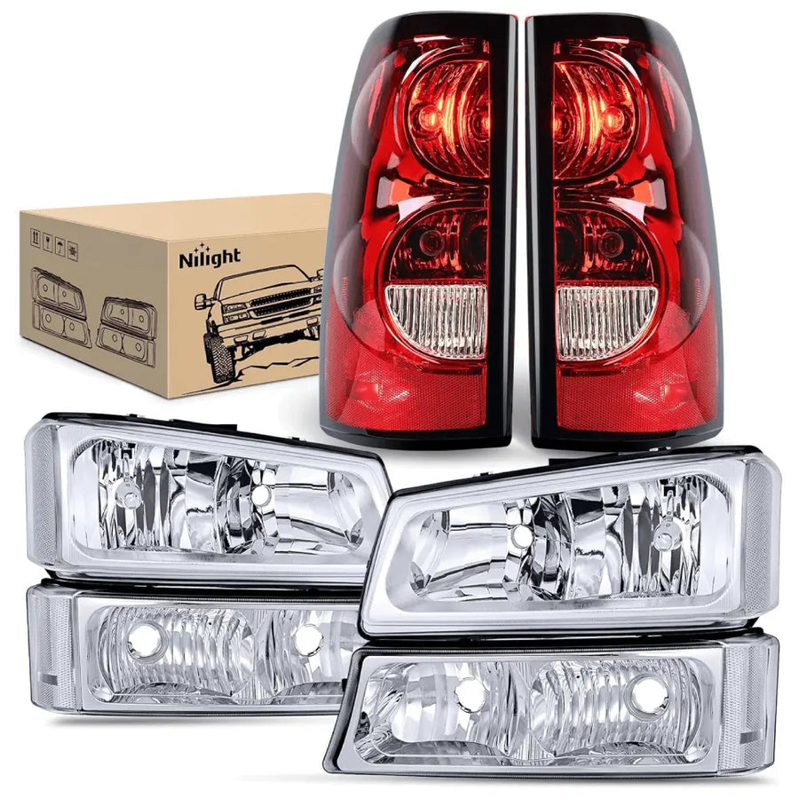 Nilight 2003 2004 2005 2006 Chevy Silverado 1500 1500HD 2500 2500HD 3500 2007 Chevy Silverado 1500 2500 3500 Classic OE Style Chrome Housing Clear Reflector Headlight Taillight Assembly