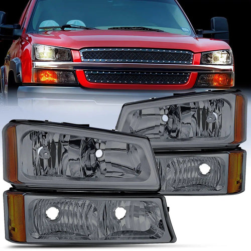 Nilight 2003 2004 2005 2006 Chevy Silverado 1500 1500HD 2500 2500HD Headlight Assembly Chrome Case Amber Reflector Smoke Lens