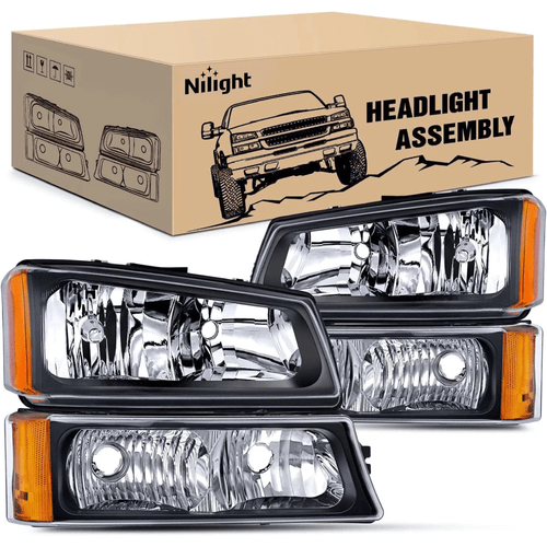Nilight 2003 2004 2005 2006 Chevy Silverado Avalanche 1500 1500HD 2500 2500HD 3500 Headlight Assembly Black Case Amber Reflector