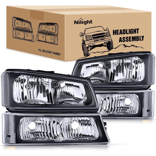 Nilight 2003 2004 2005 2006 Chevy Silverado Avalanche 1500 1500HD 2500 2500HD 3500 Headlight Assembly Black Case Clear Reflector