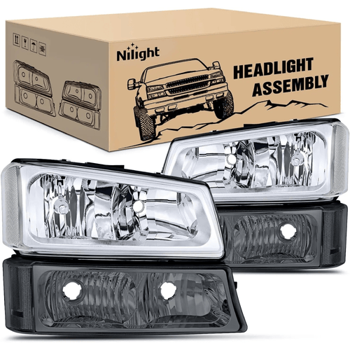 Nilight 2003 2004 2005 2006 Chevy Silverado Avalanche 1500 1500HD 2500 2500HD 3500 Headlight Assembly Chrome Case Clear Reflector Smoke Lens