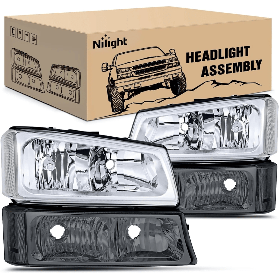 Nilight 2003 2004 2005 2006 Chevy Silverado Avalanche 1500 1500HD 2500 2500HD 3500 Headlight Assembly Chrome Case Clear Reflector Smoke Lens