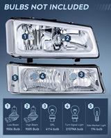 Nilight 2003 2004 2005 2006 Chevy Silverado Avalanche 1500 1500HD 2500 2500HD 3500 Headlight Assembly Chrome Case Reflector Clear Lens, view 2