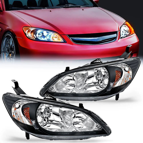 Nilight 2004 2005 Honda Civic Headlight Assembly Black Housing Amber Reflector Upgraded Clear Lens