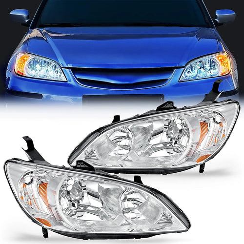 Nilight 2004 2005 Honda Civic Headlight Assembly Chrome Housing Amber Reflector Upgraded Clear Lens