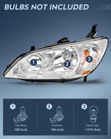 Nilight 2004 2005 Honda Civic Headlight Assembly Chrome Housing Amber Reflector Upgraded Clear Lens, view 2