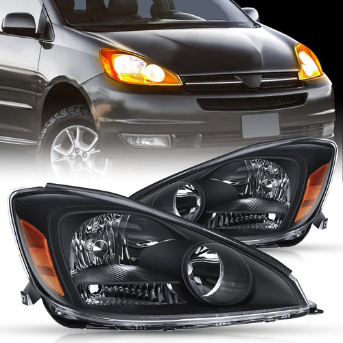 Nilight 2004 2005 Toyota Sienna Headlight Assembly Black Housing Amber Reflector Upgraded Clear Lens