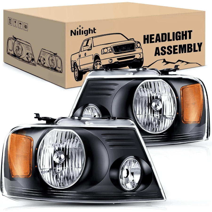 Nilight 2004 2005 2006 2007 2008 Ford F150 2006 2007 2008 Lincoln Mark LT Headlight Assembly Black Case Amber Reflector