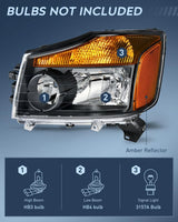 Nilight 2004 2005 2006 2007 2008 2009 2010 2011 2012 2013 2014 2015 Nissan Titan 2005 2006 2007 Armada 2004 Pathfinder Armada Headlight Assembly Black Case Amber Reflector, view 2