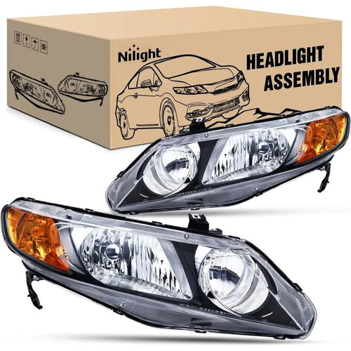 Nilight 2006 2007 2008 2009 2010 2011 Honda Civic Headlight Assembly Black Case Amber Reflector (25% OFF Final Checkout)