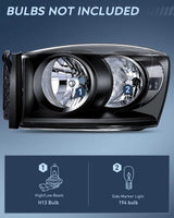Nilight 2006 2007 2008 Dodge Ram 1500 2006 2007 2008 2009 Dodge Ram 2500 3500 Headlight Assembly Black Housing Clear Reflector, view 2