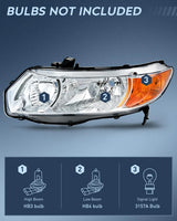 Nilight 2006 2007 2008 2009 2010 2011 Honda Civic 2Door Coupe Headlight Assembly Chrome Case Amber Reflector Clear Lens, view 2