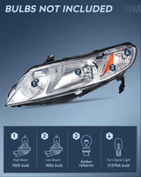Nilight 2006 2007 2008 2009 2010 Honda Civic Headlight Assembly Chrome Case Amber Reflector, view 2
