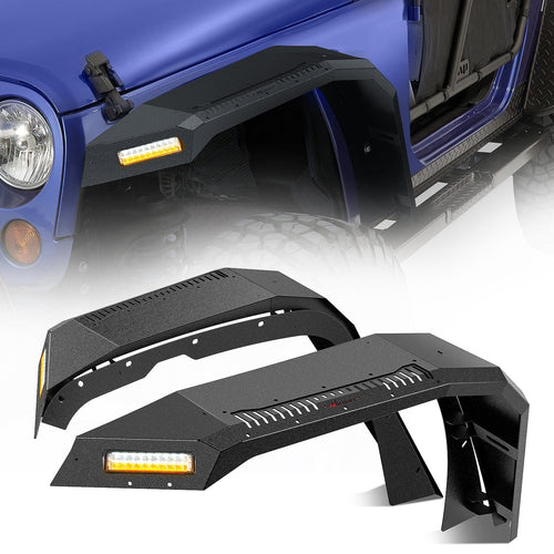 Nilight 2007 2008 2009 2010 2011 2012 2013 2014 2015 2016 2017 2018 Jeep Wrangler JK 2/4 Door Wide Flat Front Fender Flares w/LED Lights Turn Signal Lights DRL